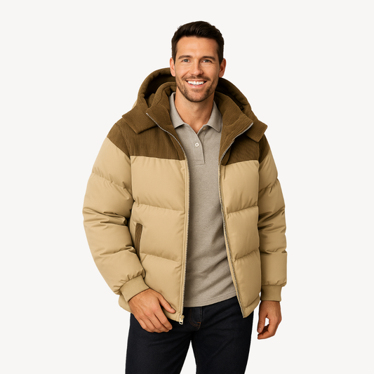 Men’s Puffer Jacket with Accent Hood – Modern Street Style