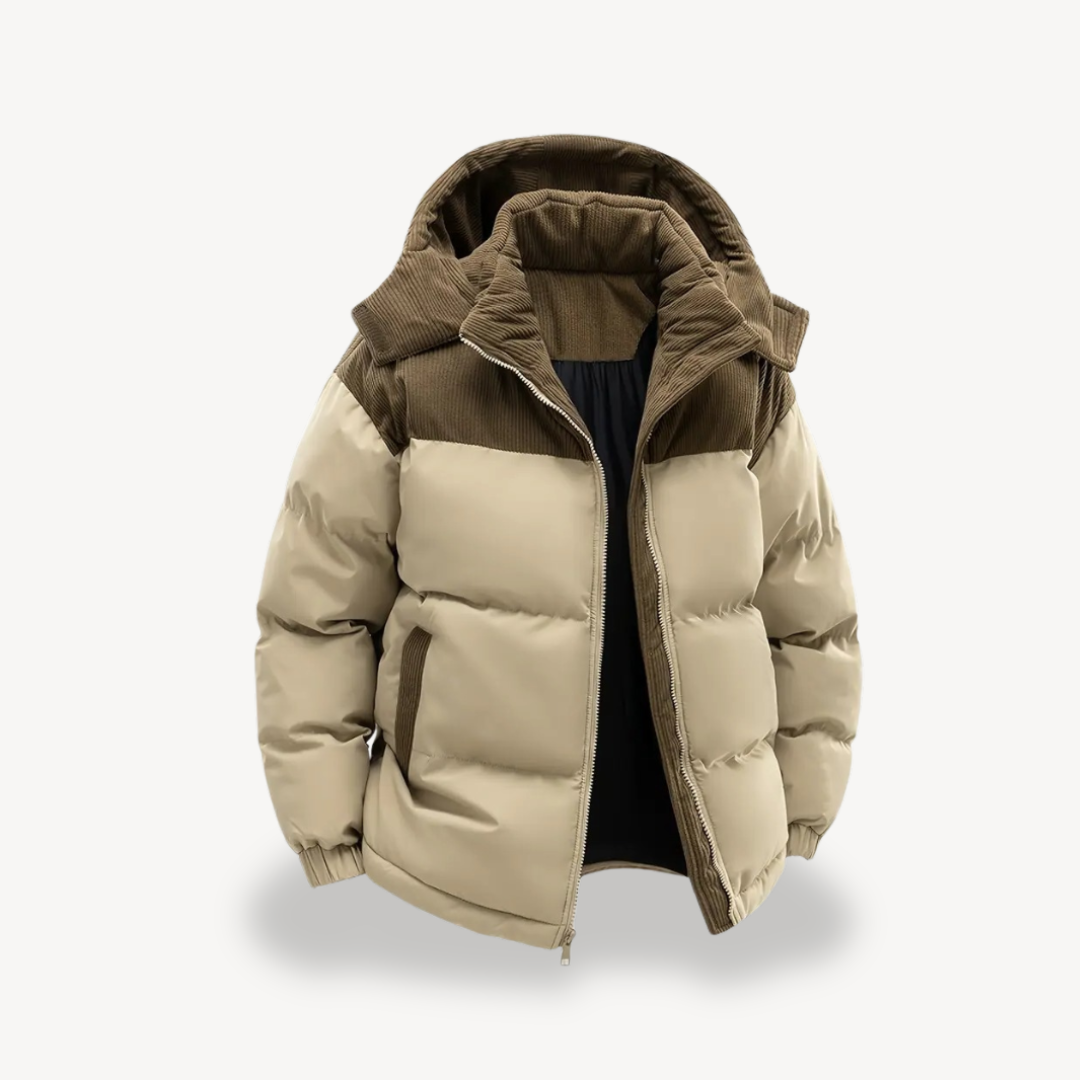 Men’s Puffer Jacket with Accent Hood – Modern Street Style