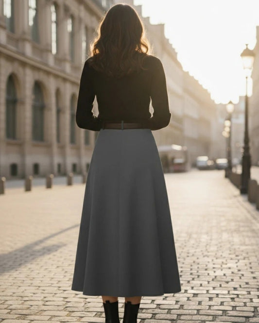 Women’s A-Line Midi Skirt – Pleated Belted Waist Design