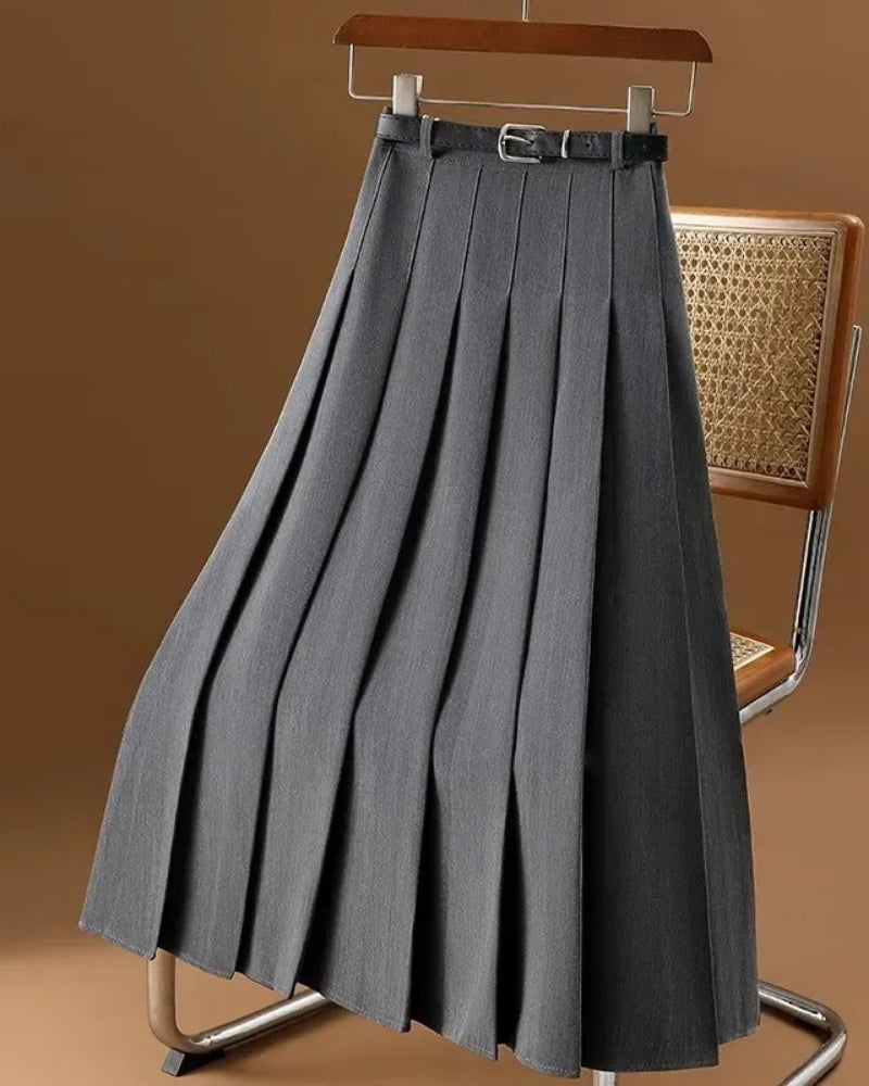 Women’s A-Line Midi Skirt – Pleated Belted Waist Design