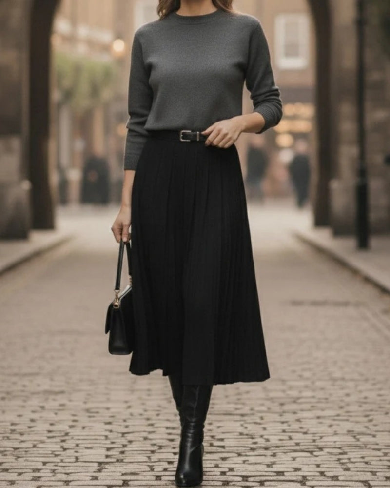 Women’s A-Line Midi Skirt – Pleated Belted Waist Design