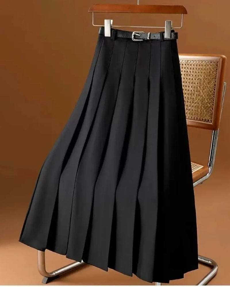 Women’s A-Line Midi Skirt – Pleated Belted Waist Design