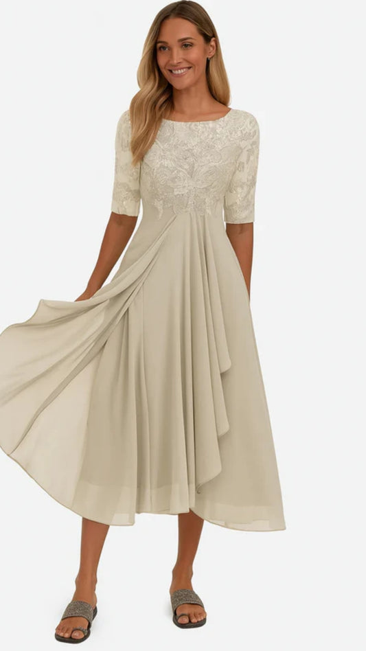 Women’s Chiffon Midi Dress – Lace Detailed Design