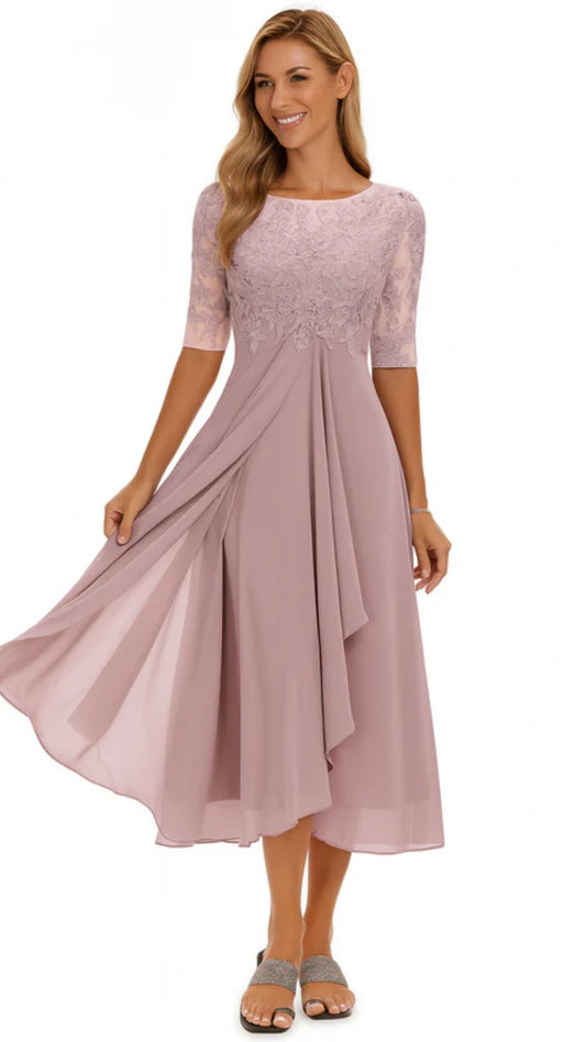 Women’s Chiffon Midi Dress – Lace Detailed Design