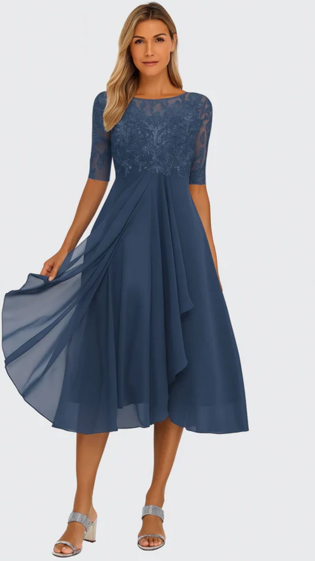 Women’s Chiffon Midi Dress – Lace Detailed Design