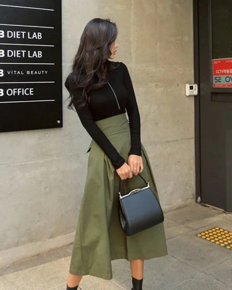 Women’s Flared Midi Skirt – High Waisted Bow Detail Design