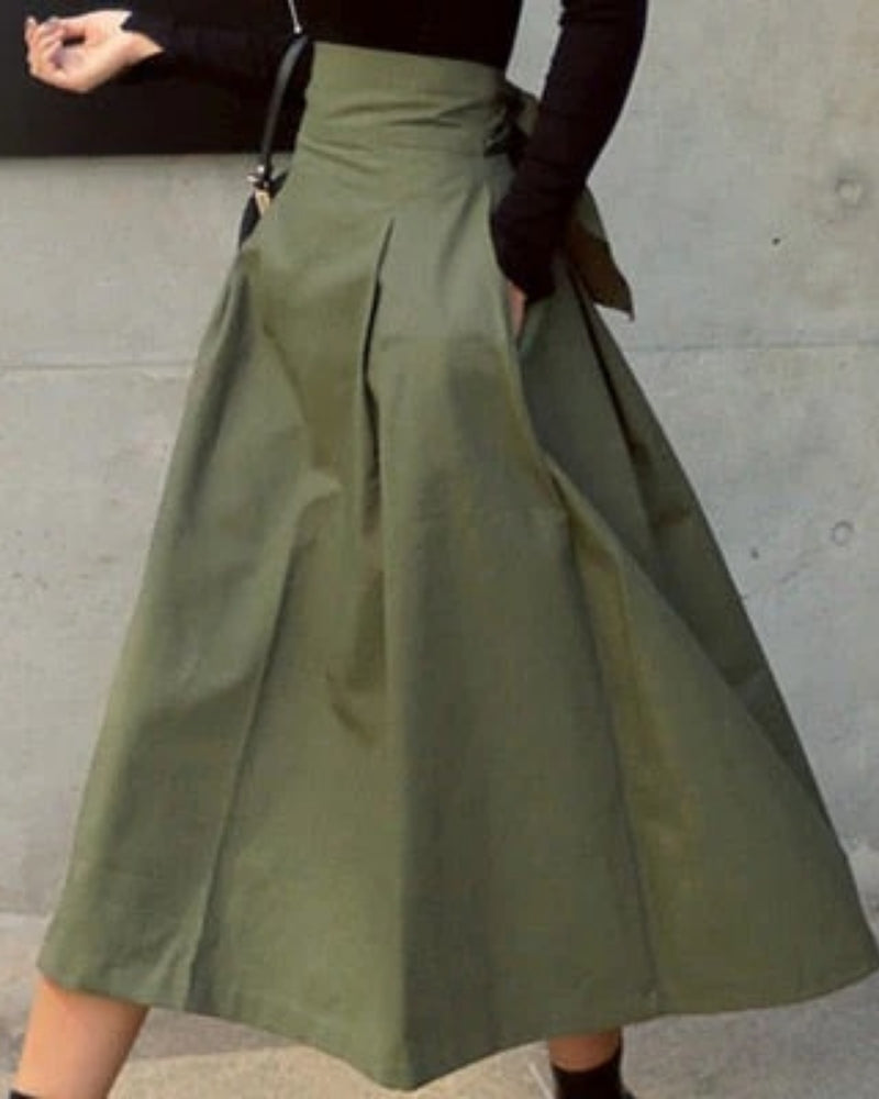 Women’s Flared Midi Skirt – High Waisted Bow Detail Design