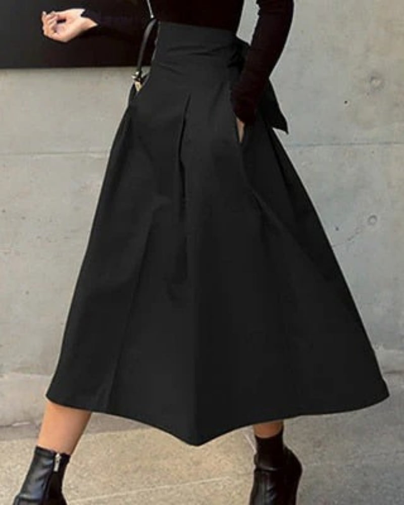 Women’s Flared Midi Skirt – High Waisted Bow Detail Design