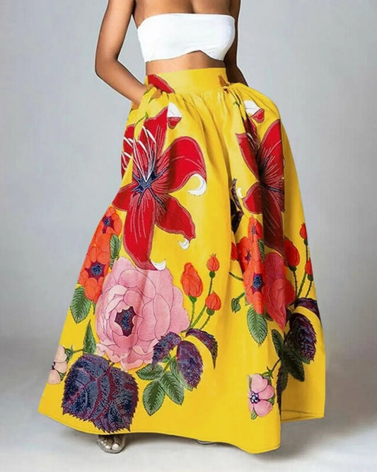 Women’s Floral Maxi Skirt – High Waisted Pocket Design