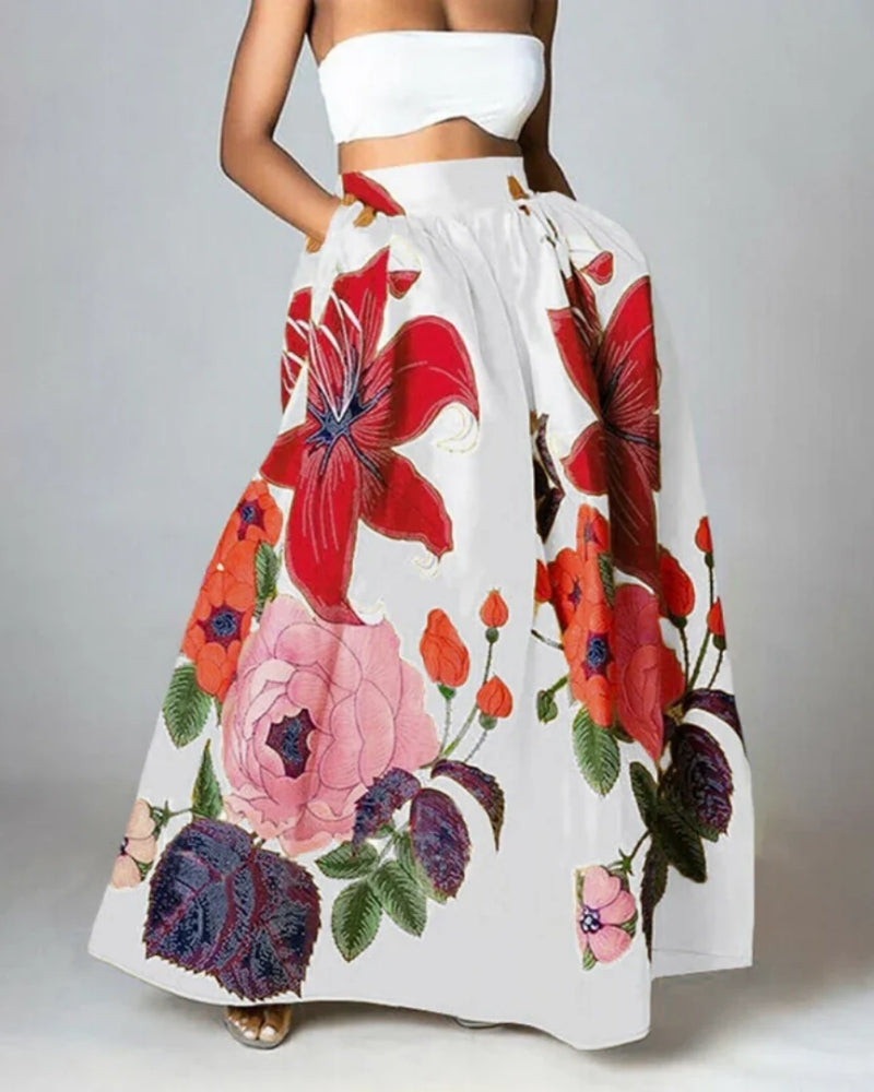 Women’s Floral Maxi Skirt – High Waisted Pocket Design