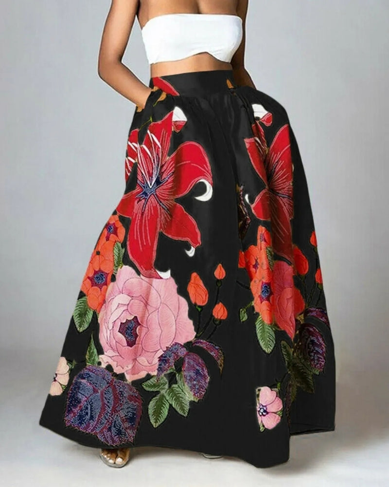 Women’s Floral Maxi Skirt – High Waisted Pocket Design