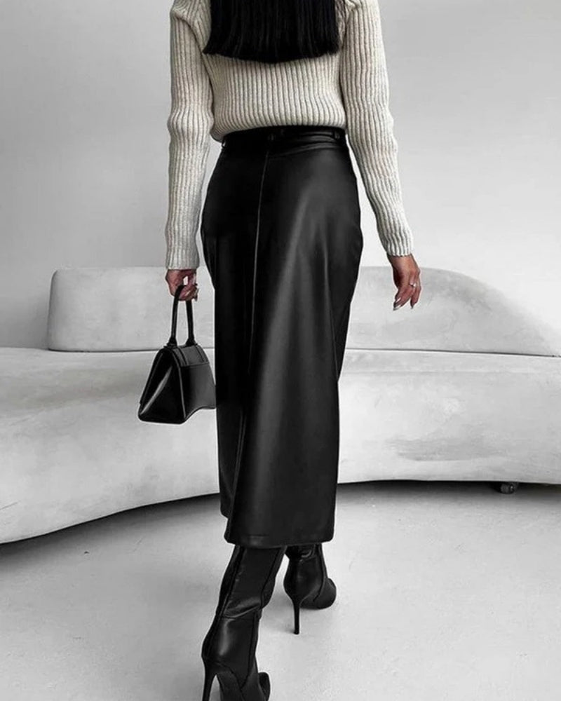 Women’s High Waisted Midi Skirt – Fitted Front Slit Design