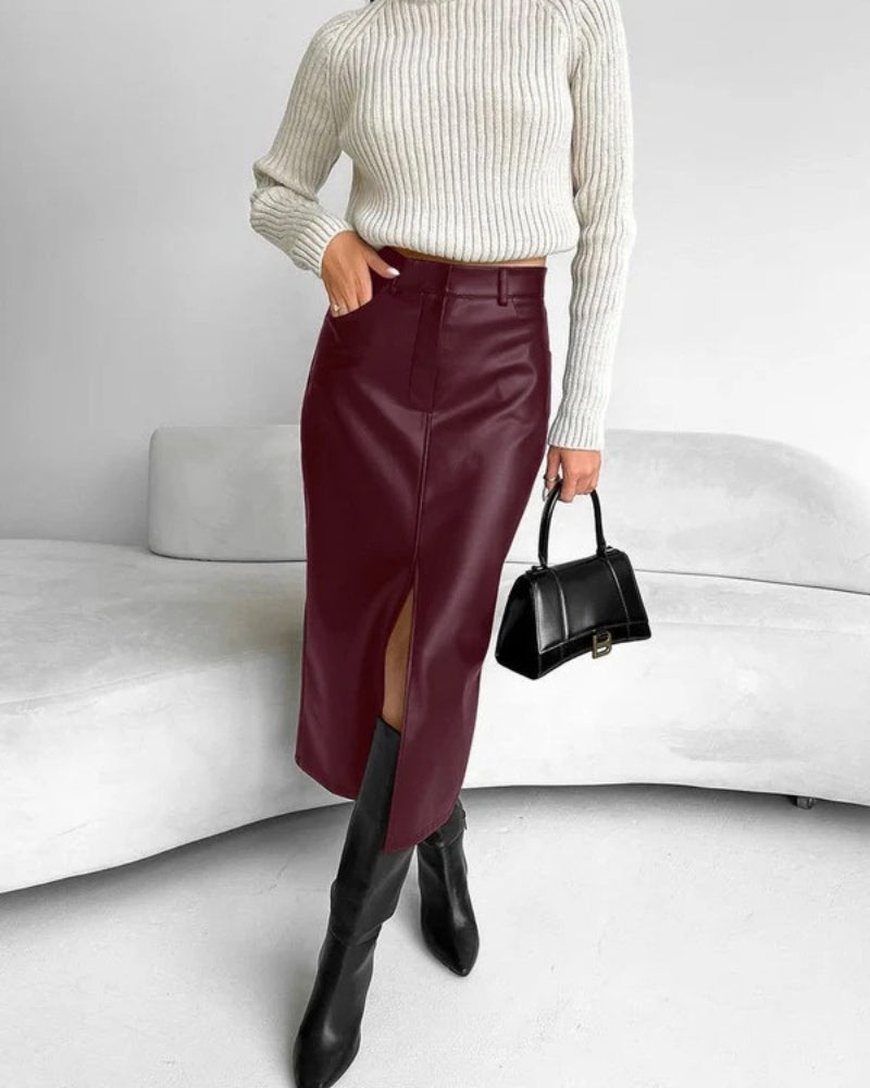 Women’s High Waisted Midi Skirt – Fitted Front Slit Design