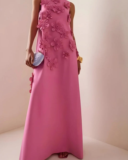 Women’s Maxi Dress – Sleeveless Floral Appliqué Design