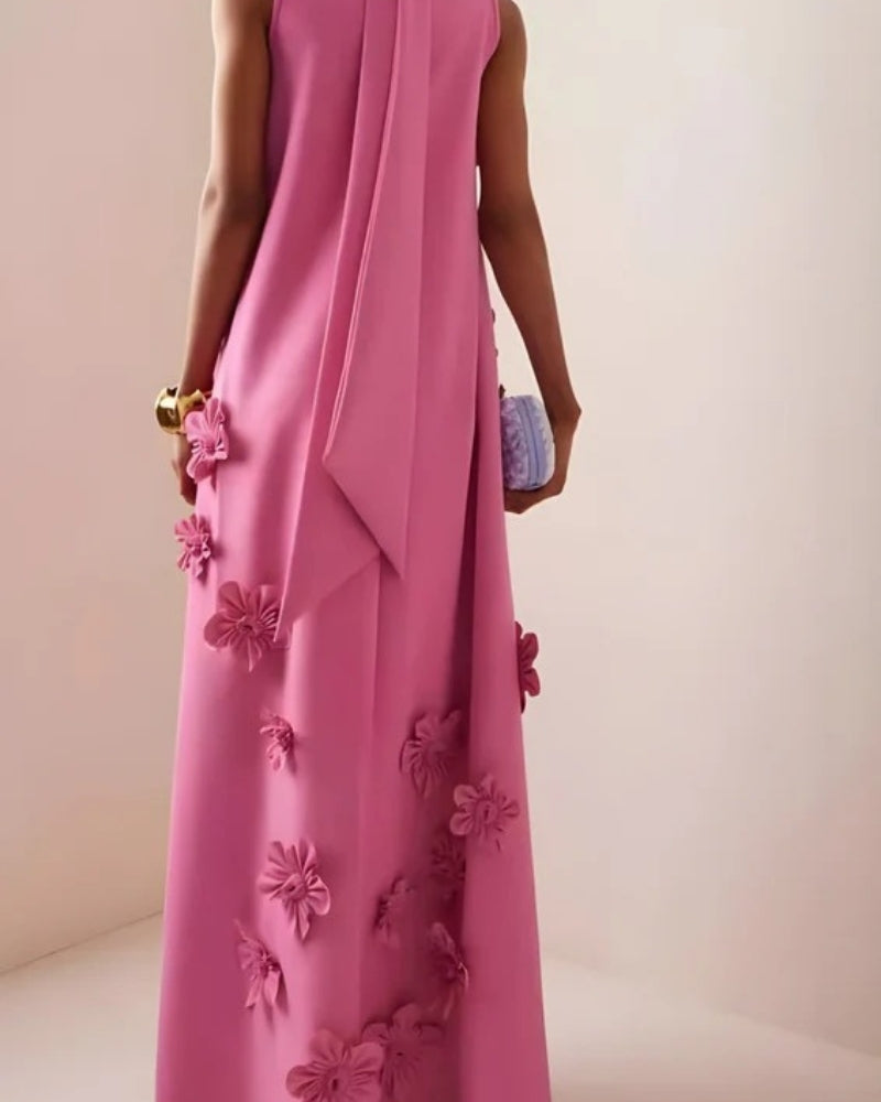 Women’s Maxi Dress – Sleeveless Floral Appliqué Design
