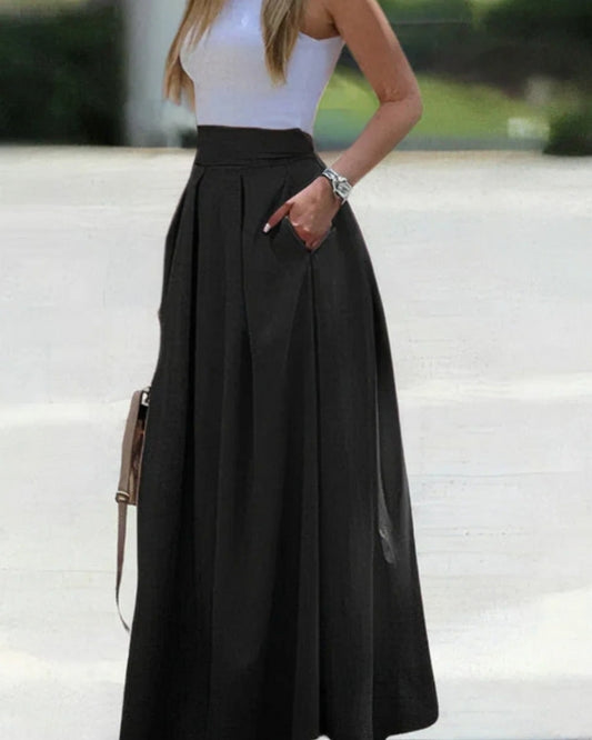 Women’s Pleated Maxi Skirt – High Waisted Pocket Design