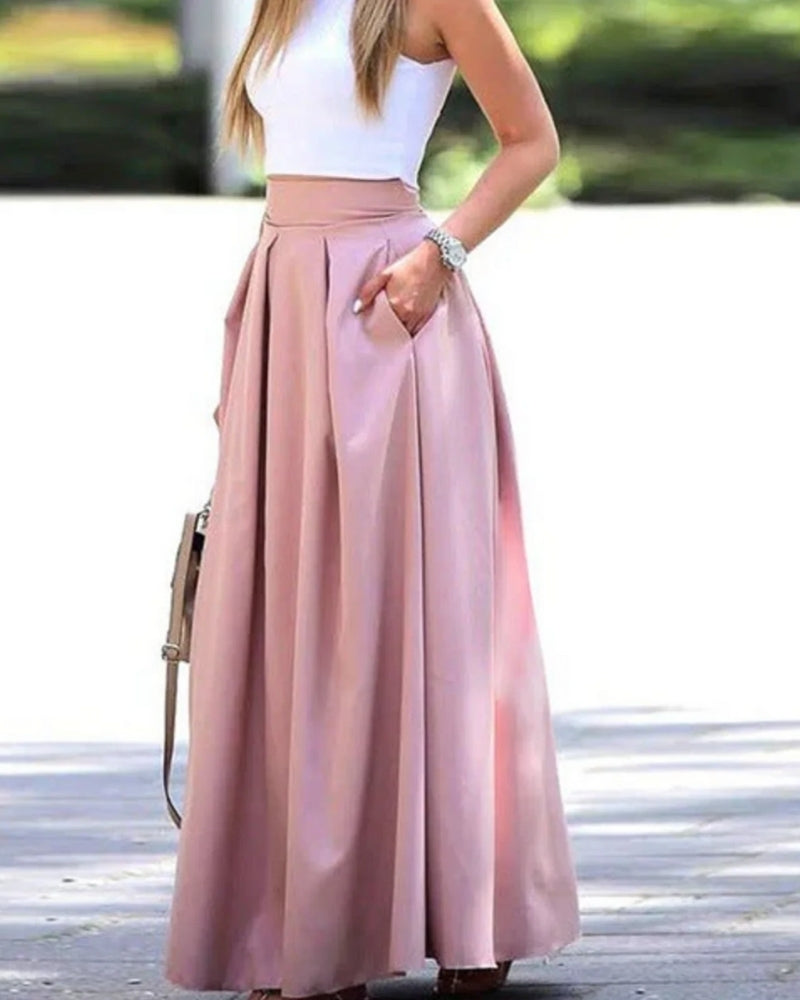 Women’s Pleated Maxi Skirt – High Waisted Pocket Design