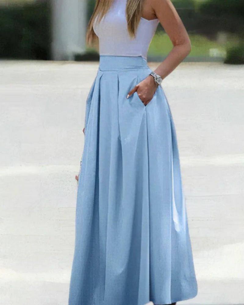 Women’s Pleated Maxi Skirt – High Waisted Pocket Design