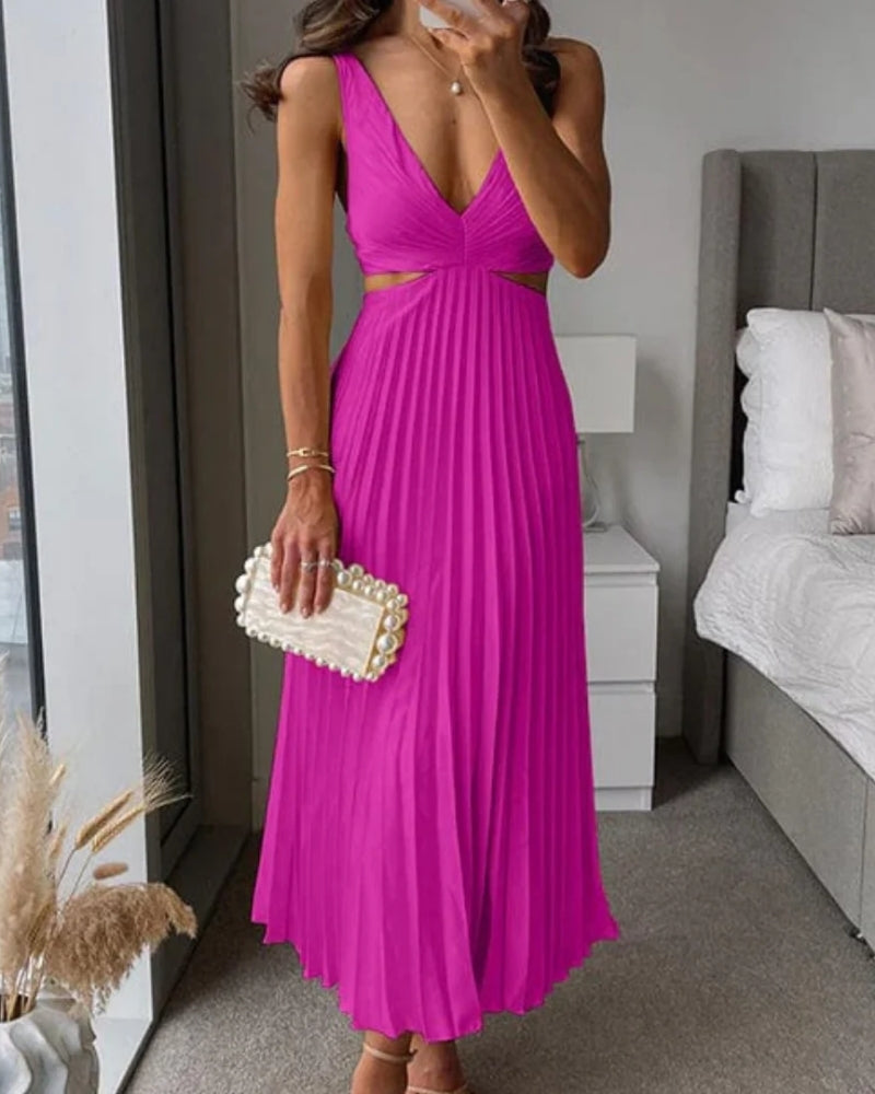 Women’s Pleated Midi Dress – V-Neck Structured Design
