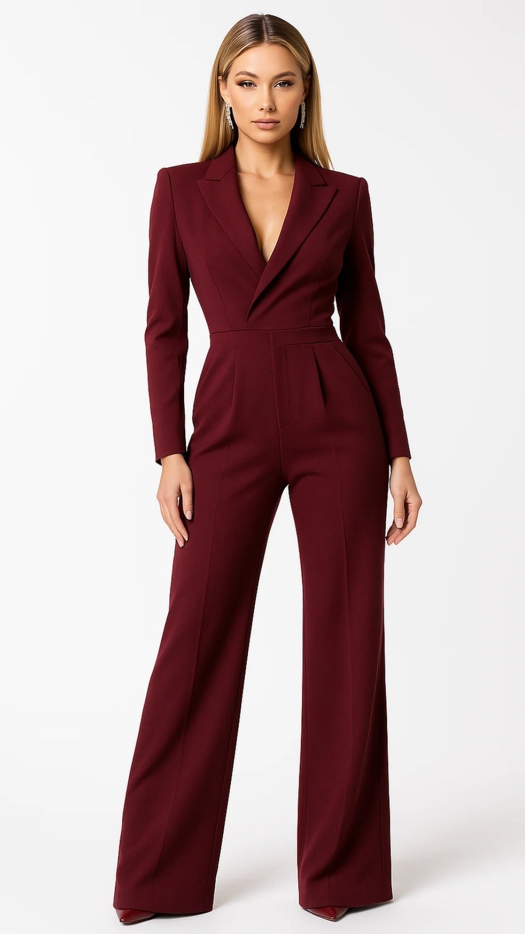 Women’s V-Neck Jumpsuit – Wide-Leg Polyester Design
