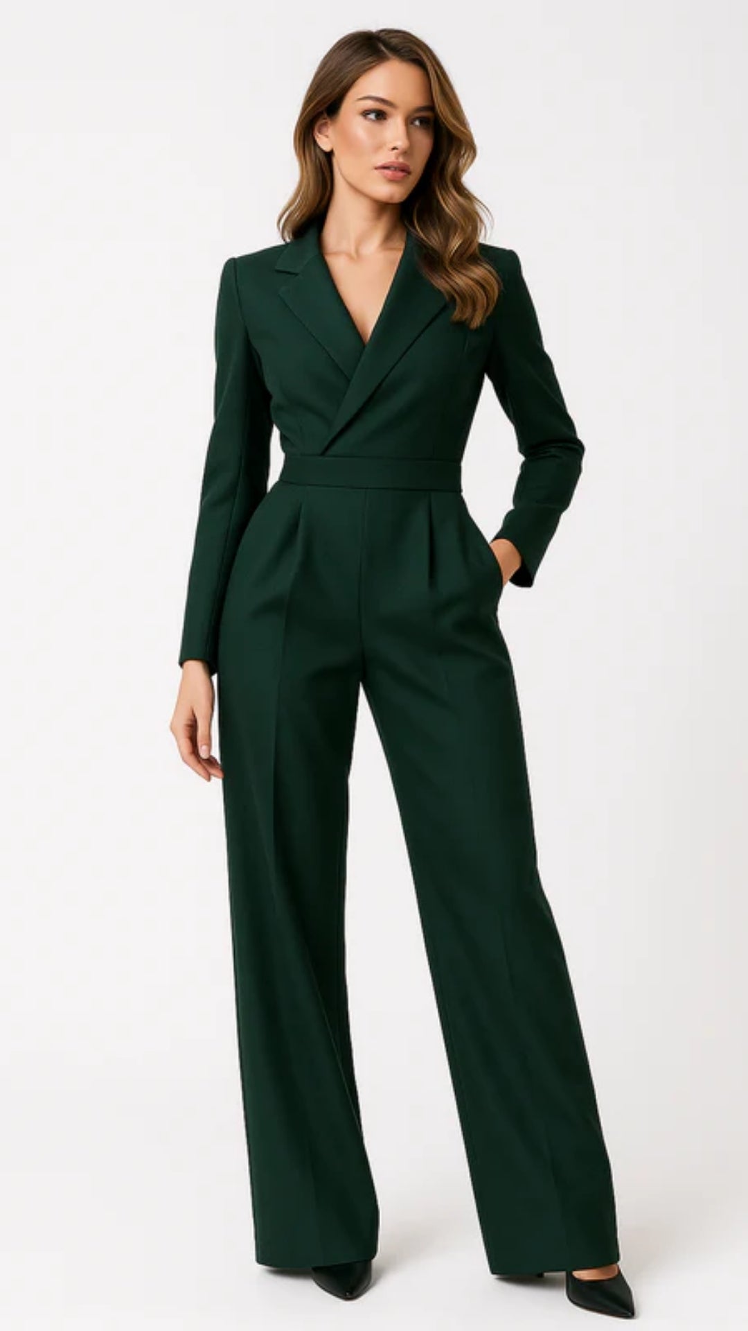 Women’s V-Neck Jumpsuit – Wide-Leg Polyester Design