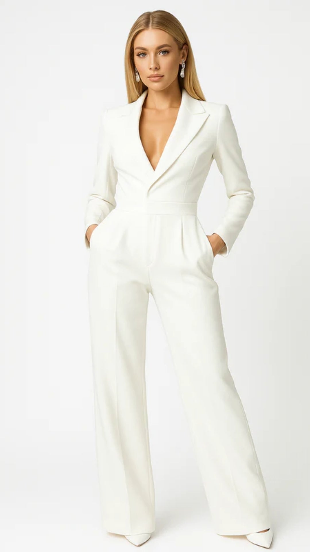 Women’s V-Neck Jumpsuit – Wide-Leg Polyester Design